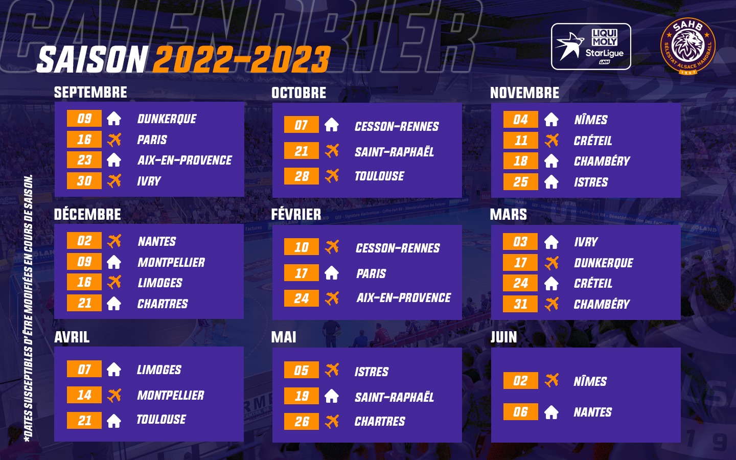 Calendrier StarLigue 2022 2023 LNH SAHB